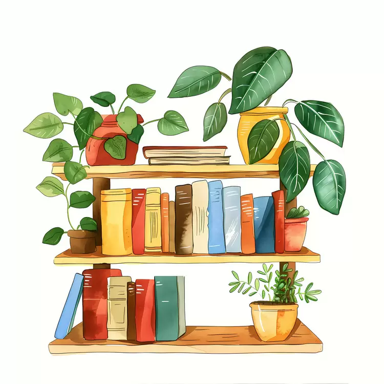 Shelf with Books watercolor potted plants greenery