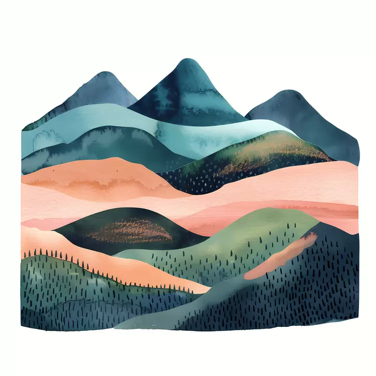 dark green trees mountains green grass watercolor light blue sky
