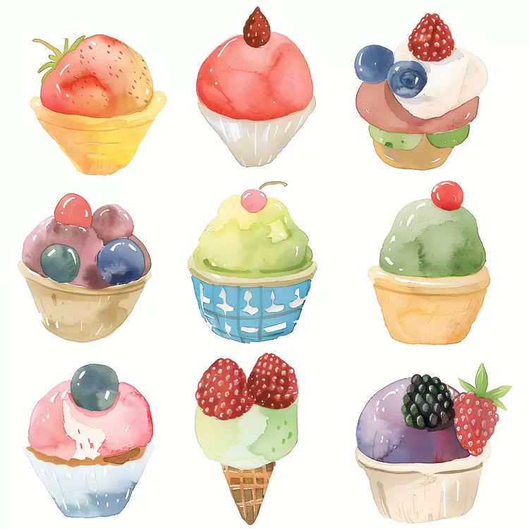 Watercolor Sweet treats Ice cream cones Cakes Yum