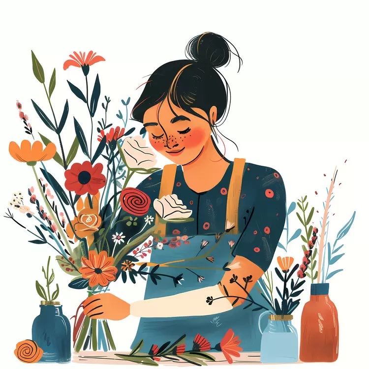 Bunch of flowers Smiling woman Bouquet of flowers Flower shop