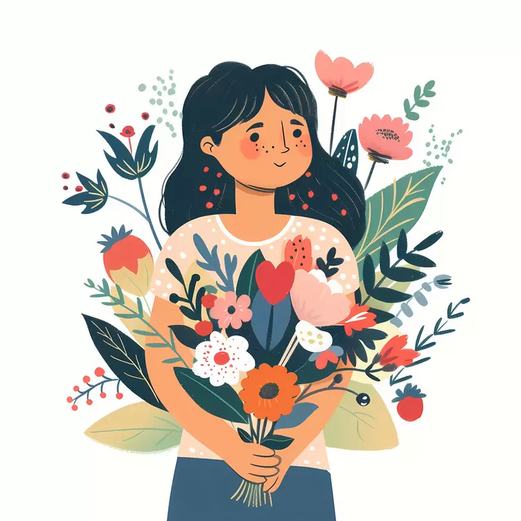 smiling girl holding a bouquet of flowers flat design cartoon spring hand
