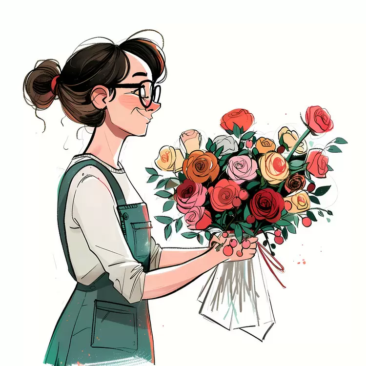 cartoon Florist holding bouquet woman holding flowers