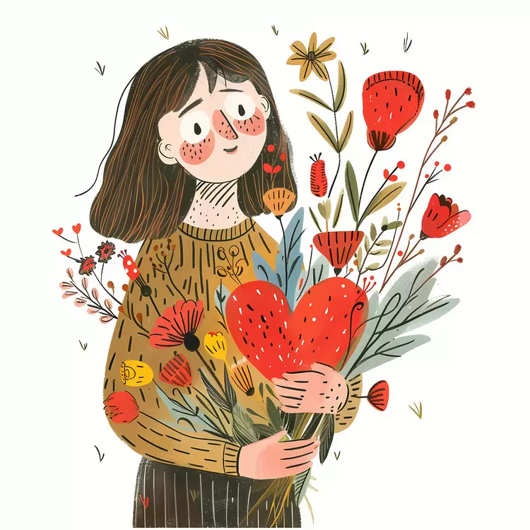 vase blooms Florist holding bouquet woman cartoon