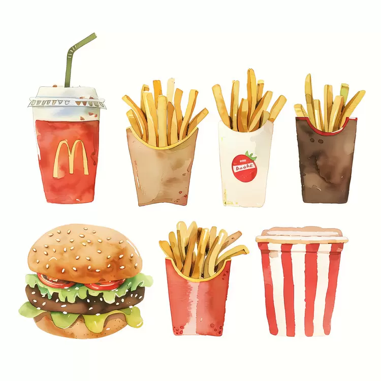 watercolor painting cola fast food drink straws drink cups with straws