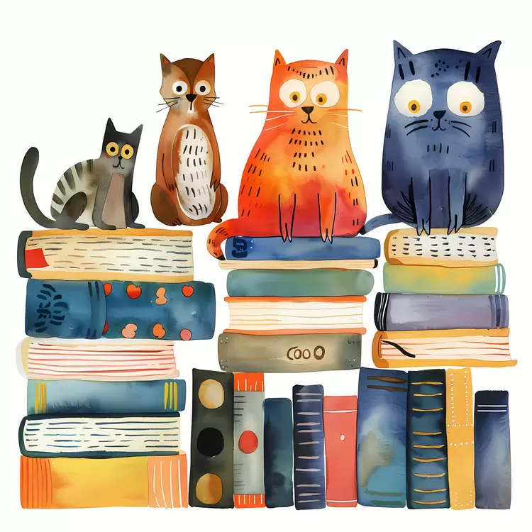 Colorful Animals Stacked Books Blue Cats
