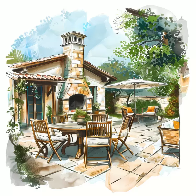 Patio setting House backyard patio Flower bed Stone pathway Patio furniture