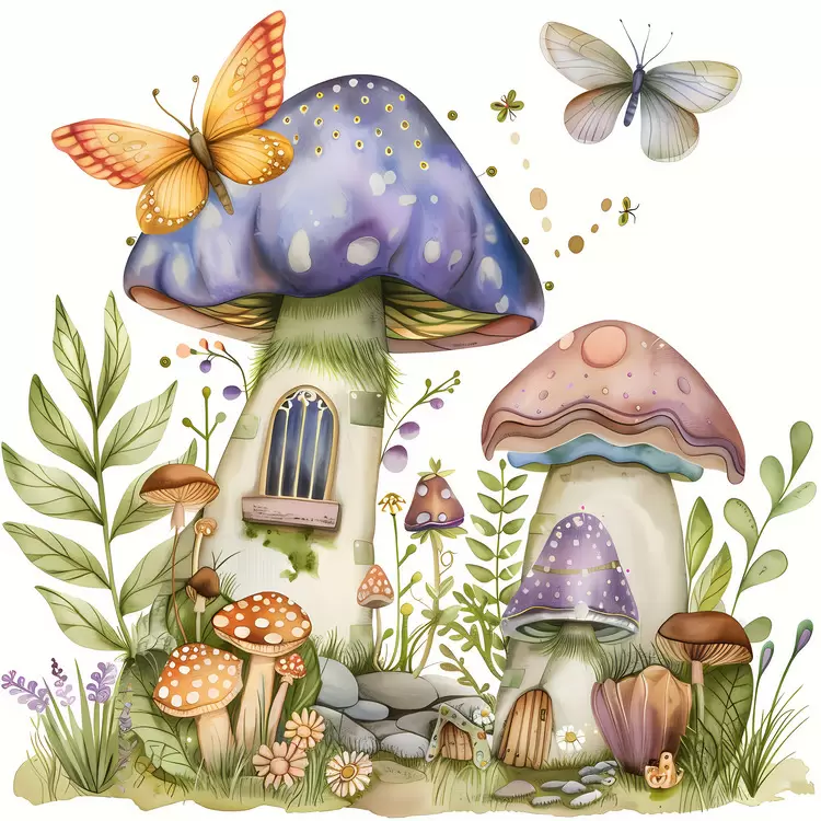 house watercolor flowers enchanted garden Fantasy scene with fairy mushrooms in the forest