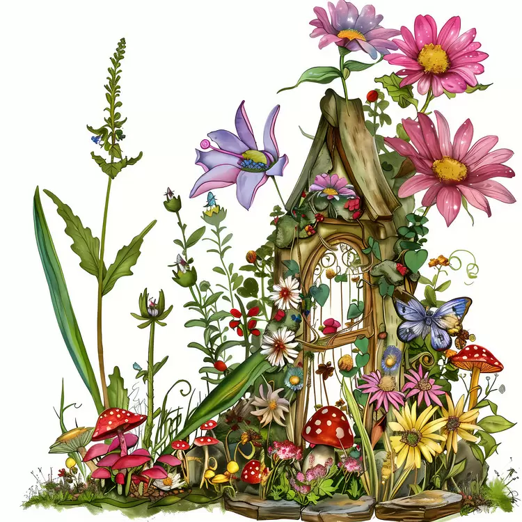 Wooden door flowers mushrooms mythical garden