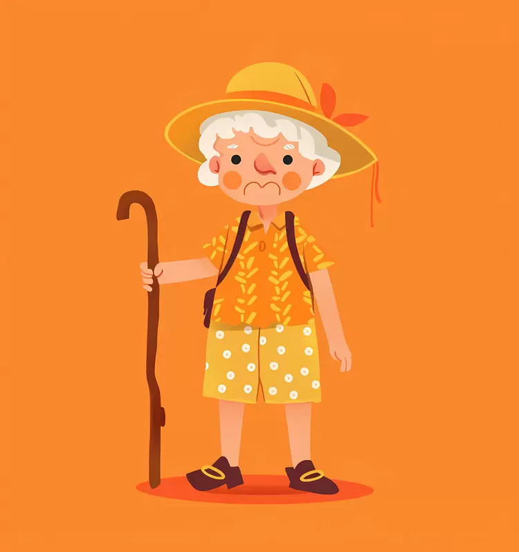 cane old people old lady yellow clothes orange background