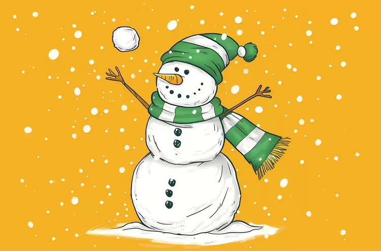 scarf snowball gloves green hat yellow background