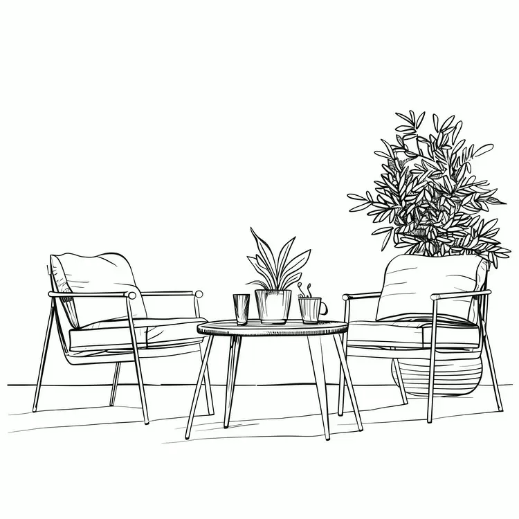 black and white illustration outdoor living white background potted plant two chairs