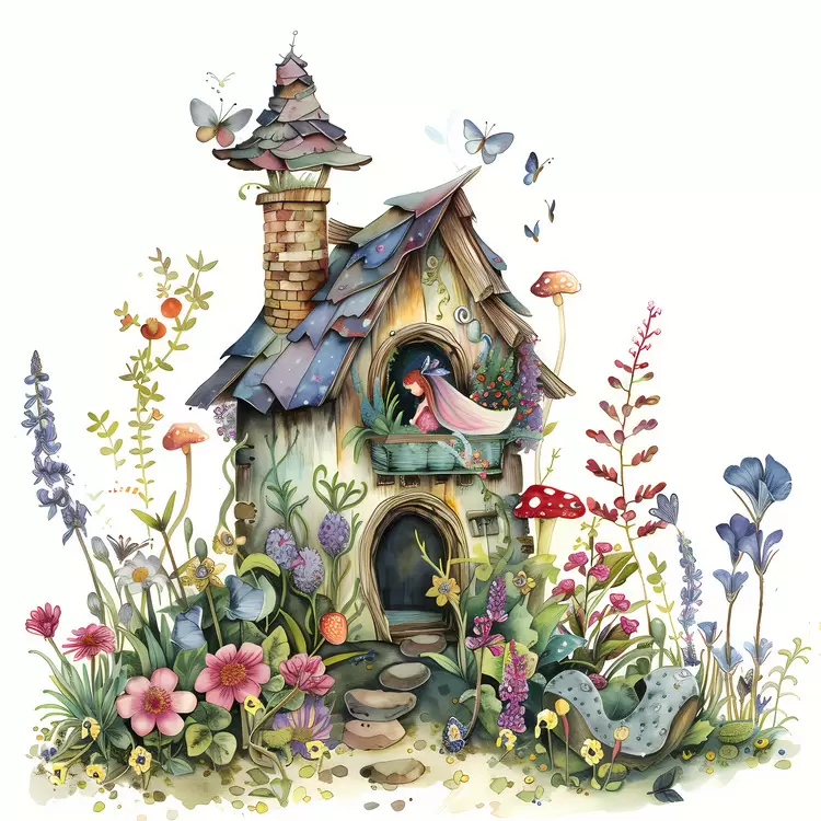 Watercolor Fairy Tale Garden Cottage Magic