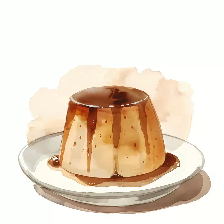 Pudding on a plate with drizzled caramel sauce Watercolor illustration of a pudding on a plate pudding on a plate with whipped cream drizzled with caramel sauce
