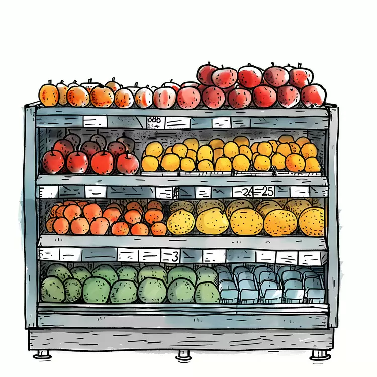 Fruit counter Display case Colorful fruits Retail shop Grocery store