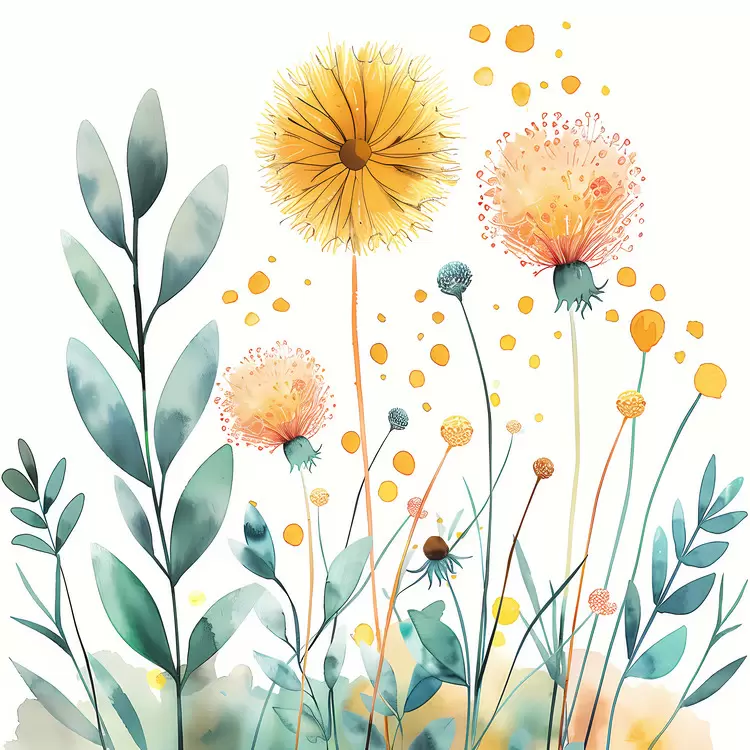 green watercolor dandelions abstract petals