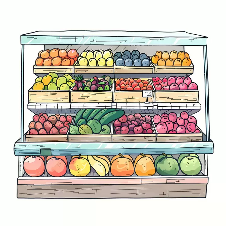 grocery store colorful labels drawing baskets