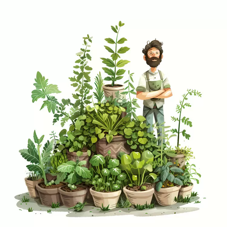 Yellow pots Herbs Herb Garden Gardener Bearded man