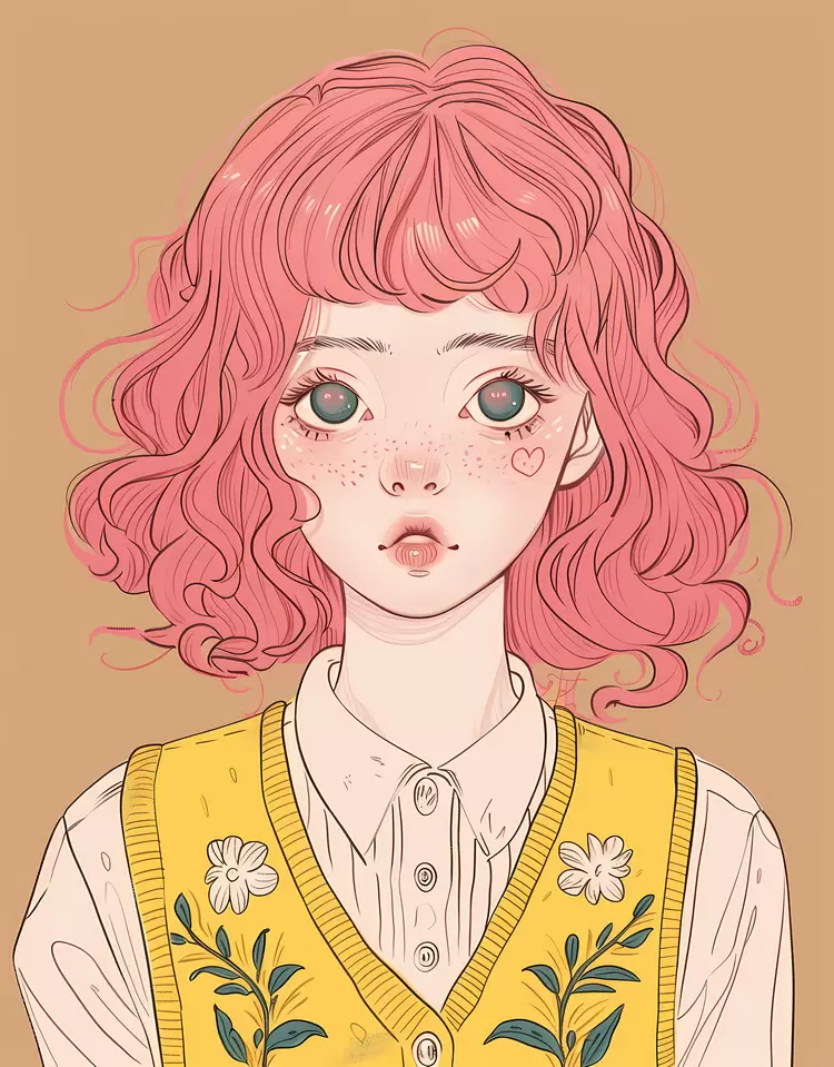 Green eyes White flowers Small nose Pink haired girl