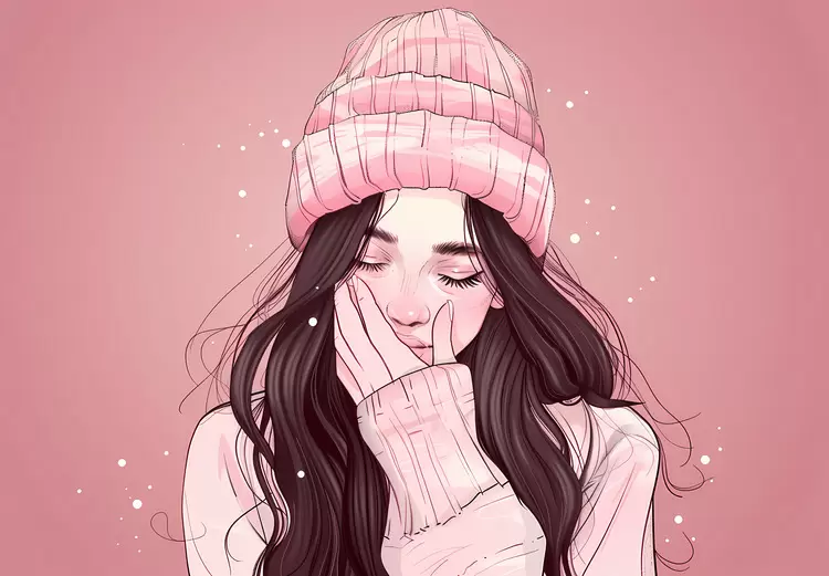 winter girl elegant woman in a cozy hat and gloves looking downwards looking at the camera with sad eyes staring into the distance with a sad expression