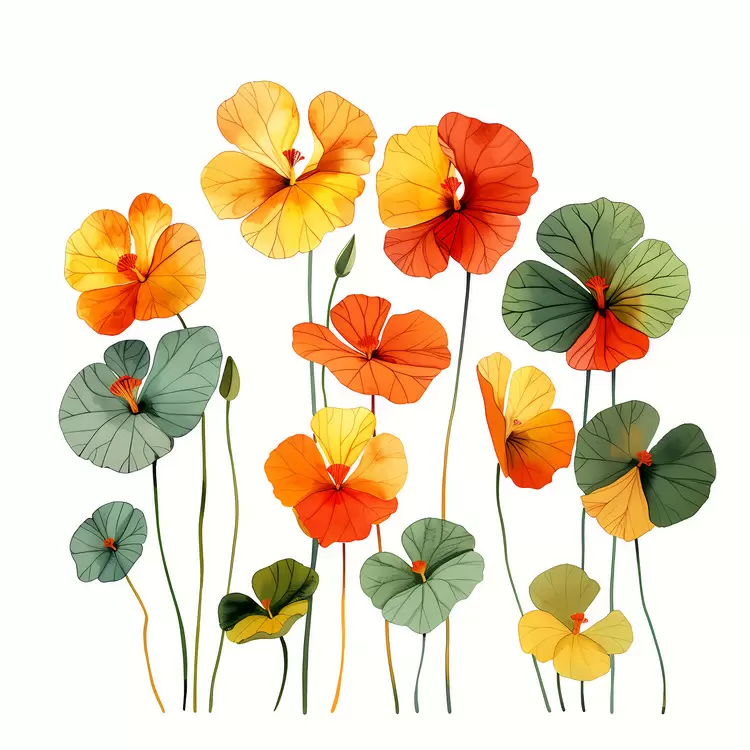 watercolor orange flora stem Nasturtium