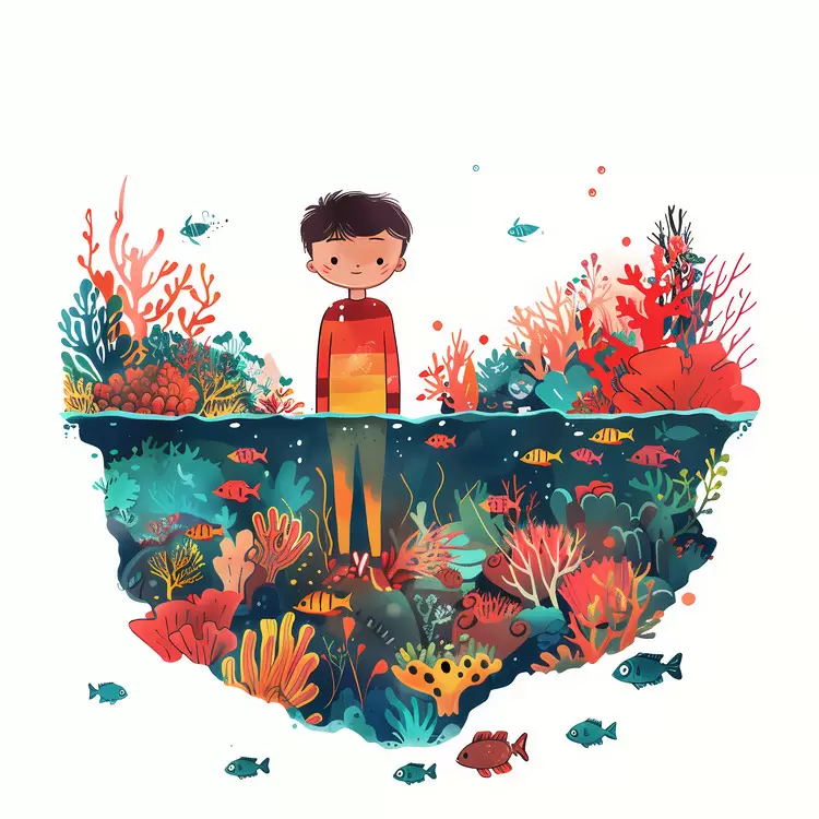 children's art oceanic landscape sea anemone schoolboy in a swimsuit Underwater Seascape