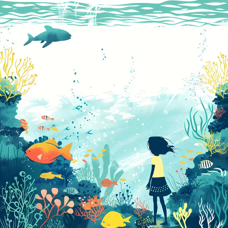 Blue water Underwater Seascape Child in the ocean Cartoon illustration Marine life