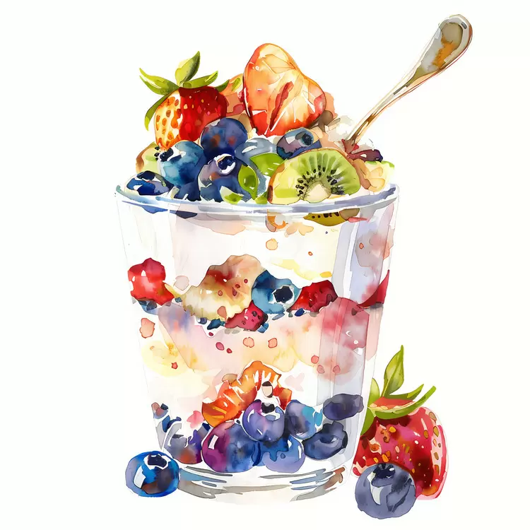 watercolor coffee yogurt parfait cup blueberries