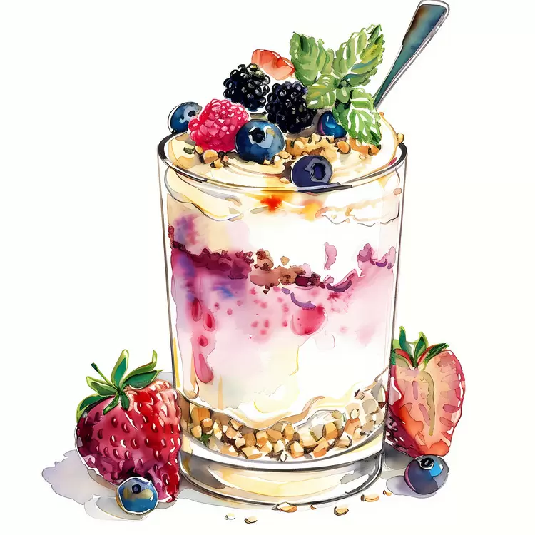 yogurt parfait Berries Nutrients Granola Watercolor