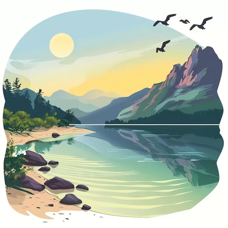 mountains birds landscape lake water