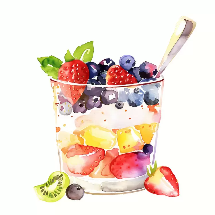 Yogurt and granola Colorful dish Watercolor painting Healthy food Nutritious breakfast