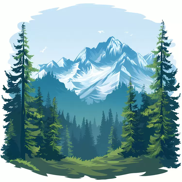 sky mountains green forest pine trees