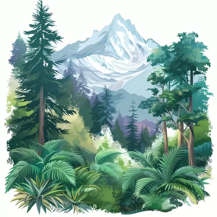 dense forest vibrant colors mountains in the background lush tall trees