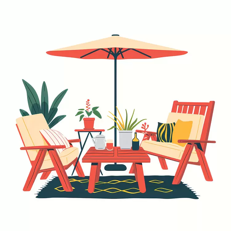 red chairs sun umbrella colorful design Outdoor Furniture potted plants