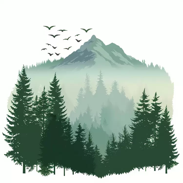 A landscape with mountains and pine trees Mountains in foggy conditions Trees in a misty environment International Mountain Day