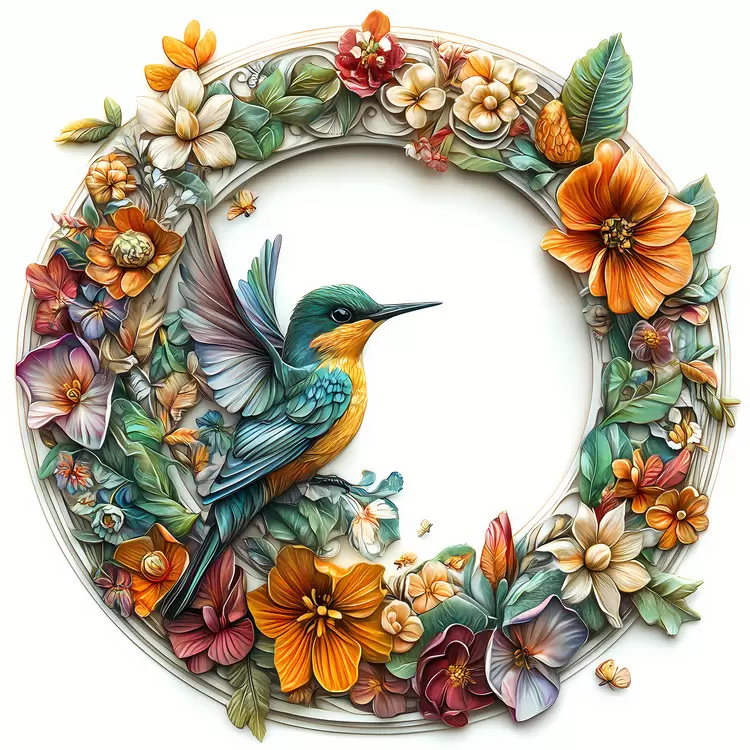 Artistic mosaic frame August Bird in a wreath
