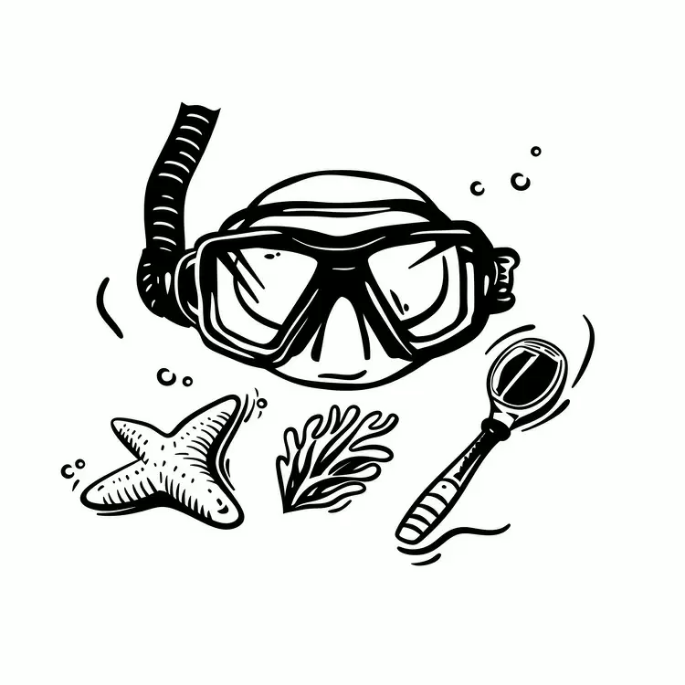 Snorkel and flippers Underwater plants Coral reef Starfish Scuba gear