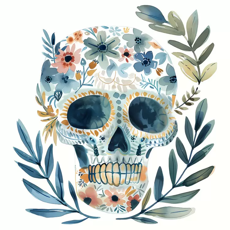 watercolor skull floral flower wreath unique artwork
