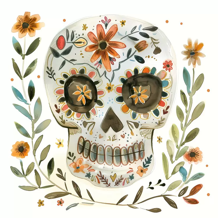 Watercolor Colorful Sugar Skull Flowers Whimsical