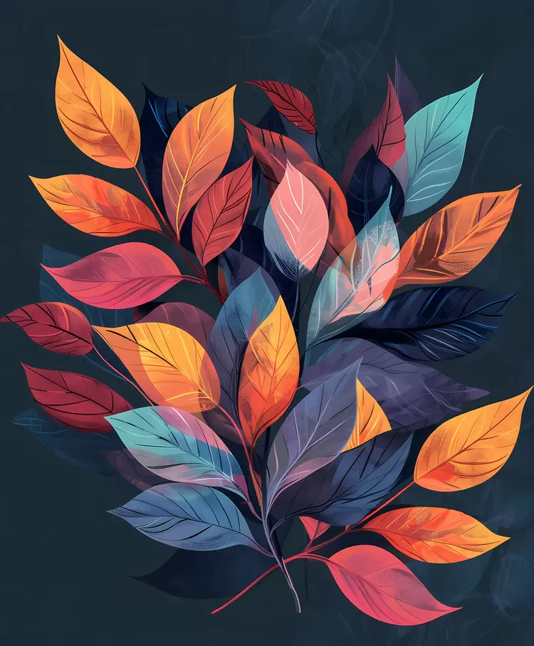 Textures: leaves Lighting: low light Atmosphere: serene colorful leaves Subject: nature