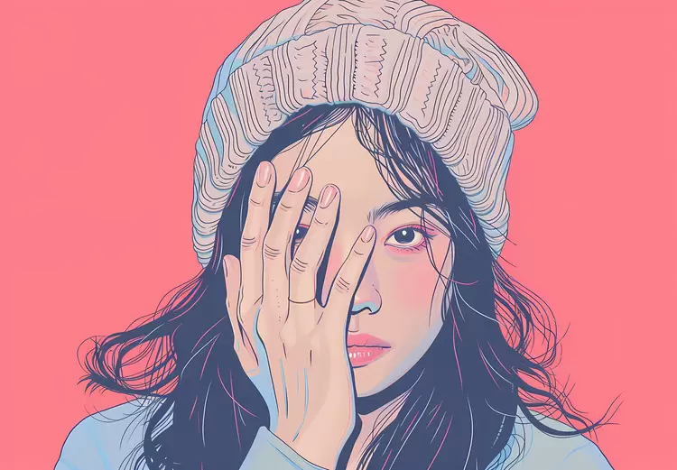 Pink background Eyes in focus Blurred features Woman wearing a knit cap Illustrated portrait