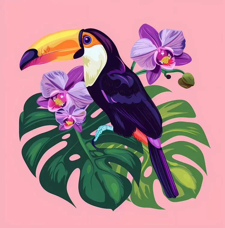 toucan with toucan toucan on leaf toucan with orchid toucan on pink background