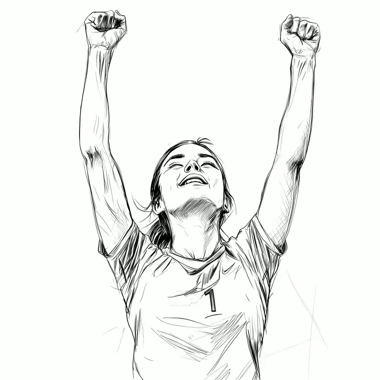 Happy woman Hand raised in victory Celebration drawing Woman's face showing joy Black and white sketch