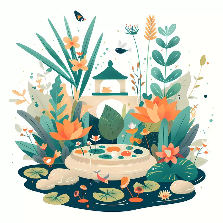 peaceful atmosphere rock sunshine lotus flowers pond