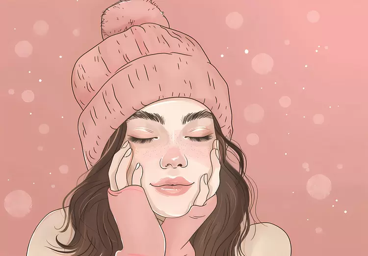 snowy background winter fashion pink hat hand on face knit sweater