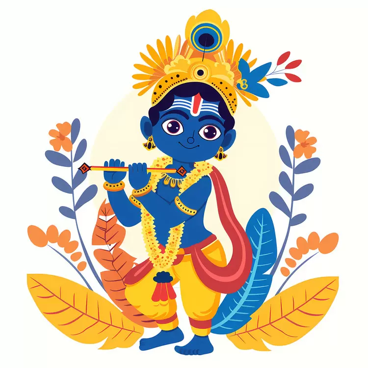Hand-painted art Lord Vishnu Person playing flute Yellow and blue Flower and leaves