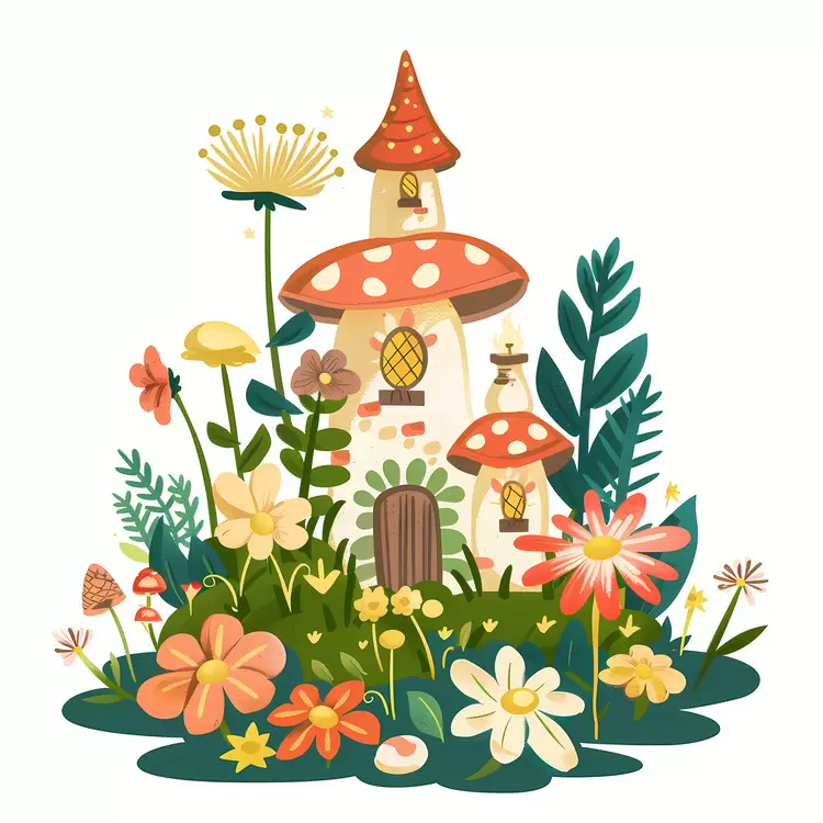 Fairy Garden Toadstools Castle Magic realism Whimsical illustration