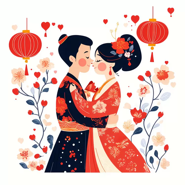 hugging couple in traditional wedding dresses couple kissing in front of a floral arrangement asian bridal couple hugging Chinese Valentines Day happy couple embracing in their wedding dresses