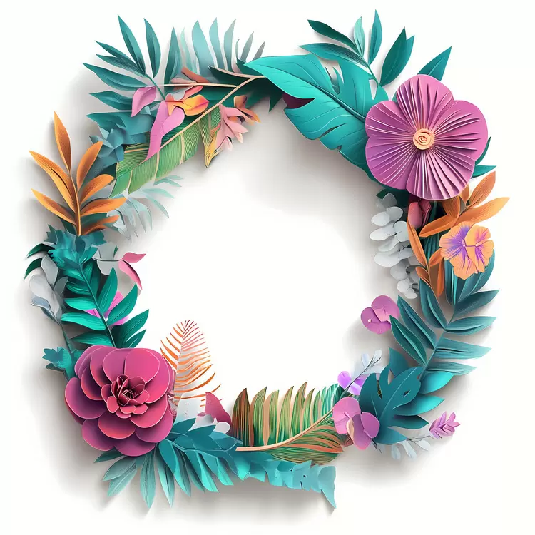 papercrafted circle August wreath of foliage wreath with bright colors wreath of exotic flowers