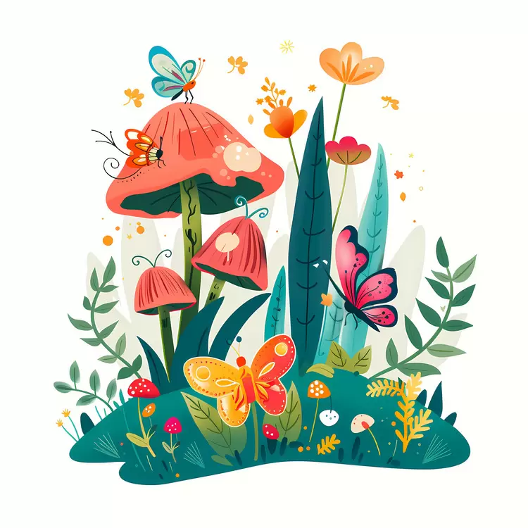 dragonfly mushrooms butterflies green plants Fairy Garden