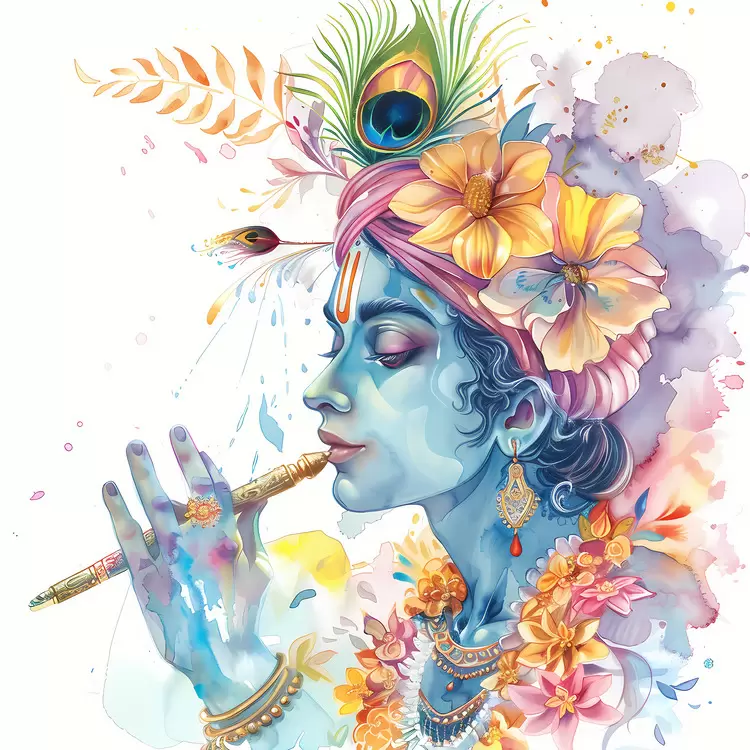 watercolor painting lord krishna musician hindu